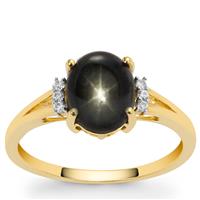 Black Star Sapphire Ring with White Zircon in 9K Gold 3cts