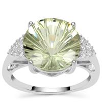 Honeycomb Cut Prasiolite Ring with White Zircon in Sterling Silver 5.75cts