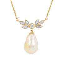 Golden South Sea Cultured Pearl Necklace with White Zircon in Gold Plated Sterling Silver (12mm)