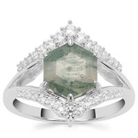 Moss Agate Ring with White Zircon in Sterling Silver 2.55cts