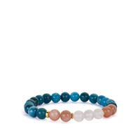 Apatite, Sunstone & Rainbow Moonstone Stretchable Bracelet with Gold Tone Sterling Silver 82cts