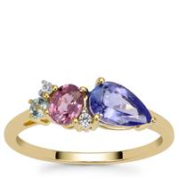 AA Tanzanite, Santa Maria Aquamarine, Pink Sapphire Ring with White Zircon in 9K Gold 1.40cts