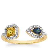 Asscher Cut Songea Yellow, Australian Blue Sapphire Ring with White Zircon in 9K Gold 0.85ct