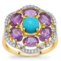 Sleeping Beauty Turquoise, Bahia Amethyst Ring with White Zircon in 9K Gold 3.70cts