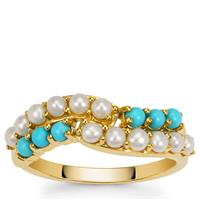 Indonesian Seed Pearl Ring with Sleeping Beauty Turquoise in Gold Plated Sterling Silver 