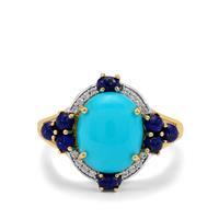 Sleeping Beauty Turquoise, Sar-i-Sang Lapis Lazuli Ring with White Zircon in 9K Gold 3.50cts