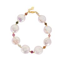 Baroque Cultured Pearl Bracelet with Multi-Colour Tourmaline in Gold Tone Sterling Silver (13mm)