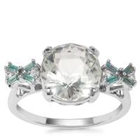 Lotus Cut Prasiolite, Fern Green Topaz Ring with White Zircon in Sterling Silver 3.42cts
