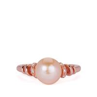 Apricot Cultured Pearl (8mm) Ring with White Topaz in Rose Gold Tone Sterling Silver