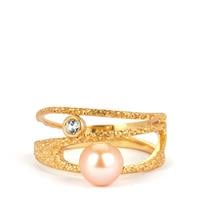 Kaori Cultured Pearl Ring with White Topaz in Gold Tone Sterling Silver (6.50mm)