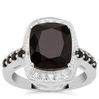 Black Spinel Ring with White Zircon in Sterling Silver 5.45cts