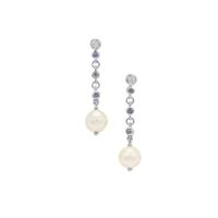 South Sea Cultured Pearl, Tanzanite Earrings with White Zircon in Sterling Silver (8MM)