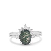 Moss Agate Ring with White Zircon in Sterling Silver 2.05cts