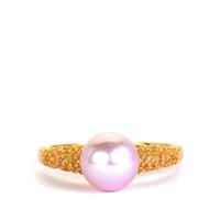 Naturally Lavender Cultured Pearl Ring with White Topaz in Gold Tone Sterling Silver