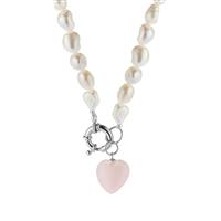 Rose Quartz Necklace with Baroque Cultured Pearl in Sterling Silver
