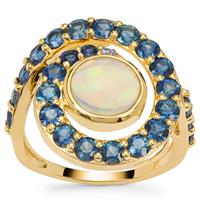 Ethiopian Opal, Australian Blue Sapphire Ring with White Zircon in 9K Gold 3.55cts