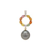 Tahitian Cultured Pearl, Multi-Colour Sapphire Pendant with White Zircon in 9K Gold (11mm)