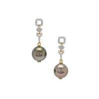 Tahitian Cultured Pearl Earrings with White Zircon in Gold Plated Sterling Silver (12mm)