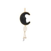 Lehrer Man in the Moon Black Onyx, Rainbow Moonstone Pendant with White Zircon in 9K Gold 17.30cts