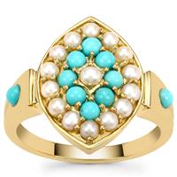 Indonesian Seed Pearl Ring with Sleeping Beauty Turquoise in Gold Plated Sterling Silver (2.40mm)