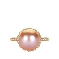 Naturally Papaya Cultured Pearl Ring with White Topaz in Gold Tone Sterling Silver (10mm)