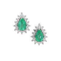 Zambian Emerald Earrings with White Zircon in Platinum Plated Sterling Silver 0.95ct