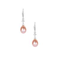 Apricot Cultured Pearl Earrings with White Topaz in Sterling Silver (9.50mm x 8mm)