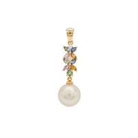 South Sea Cultured Pearl, Multi-Colour Sapphire Pendant with White Zircon in 9K Gold (11MM)