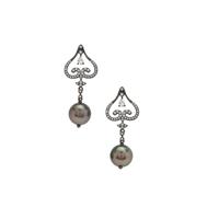 Tahitian Cultured Pearl Earrings with White Zircon in Black Rhodium Plated Sterling Silver (11mm)