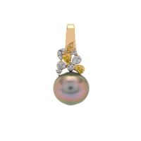 Tahitian Cultured Pearl, White Diamond Pendant with Natural Yellow Diamond in 9K Gold (10mm)