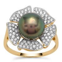 Tahitian Cultured Pearl Ring with White Zircon in 9K Gold