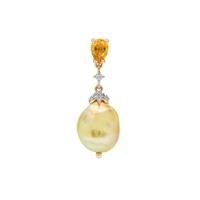 Golden South Sea Cultured Pearl, Rio Golden Citrine Pendant with White Zircon in 9K Gold (12MM)