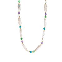 Biwa Freshwater Cultured Pearl (8x20mm) & Multi Gemstone Necklace with in Gold Tone Sterling Silver 