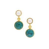 Chrysocolla Earrings with Kaori Cultured Pearl in Gold Plated Sterling Silver
