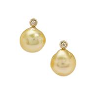 Golden South Sea Cultured Pearl Earrings with Natural Yellow Diamond in 9K Gold (11MM)