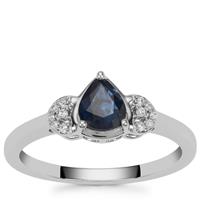 Australian Blue Sapphire Ring with White Zircon in Platinum Plated Sterling Silver 0.70ct