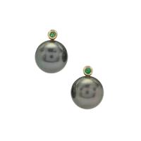 Tahitian Cultured Pearl Earrings with Zambian Emerald in 9K Gold (12MM)