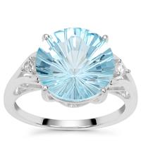 Honeycomb Cut Sky Blue Topaz Ring with White Zircon in Sterling Silver 6.95cts