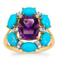 Moroccan Amethyst, Sleeping Beauty Turquoise Ring with White Zircon in 9K Gold 5.95cts