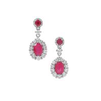 Kenyan Ruby, Thai Ruby Earrings with White Zircon in Platinum Plated Sterling Silver 4.35cts