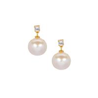 Edison Cultured Pearl (10mm) Earrings with White Topaz in Gold Tone Sterling Silver