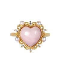 Peruvian Pink Opal, White Topaz Ring with Kaori Cultured Pearl in Gold Tone Sterling Silver