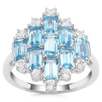 Swiss Blue Topaz Ring with White Zircon in Sterling Silver 4.35cts
