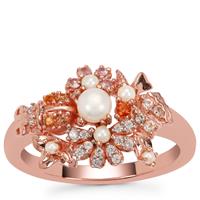 Indonesian Seed Pearl, Multi Colour Sapphire Ring with White Zircon in Rose Gold Plated Sterling Silver