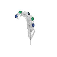 Retro style Australian Blue Sapphire, Zambian Emerald Brooch with Nilamani in Sterling Silver 2.45cts