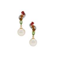 South Sea Cultured Pearl, Congo Multi-Colour Tourmaline Earrings with White Zircon in 9K Gold (10mm)