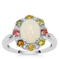 Ethiopian Opal, Multi-Colour Tourmaline Ring with White Zircon in Sterling Silver 3.15cts