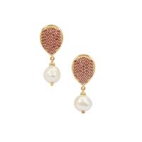 South Sea Cultured Pearl Earrings with Rajasthan Garnet in Gold Plated Sterling Silver (8mm)