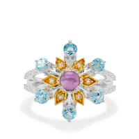 Zambian Amethyst, Swiss Blue Topaz Ring with White Zircon in Sterling Silver 1.90cts
