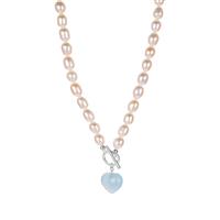 Kaori Cultured Pearl, Aquamarine Necklace with White Topaz in Sterling Silver 